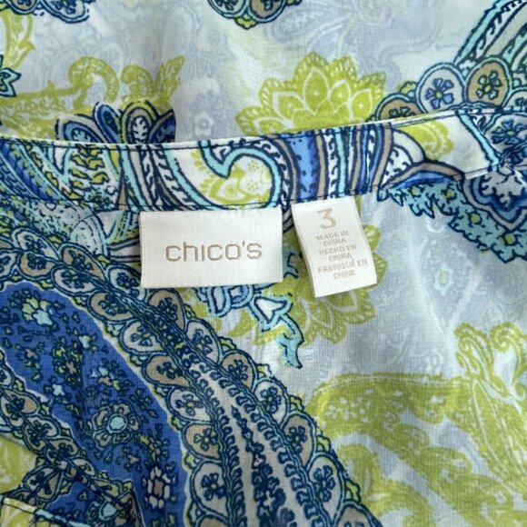 Chico's Womens Long Sleeve V-Neck Paisley Tunic Top Size 3 Blue/Yellow Chiffon - Picture 3 of 8
